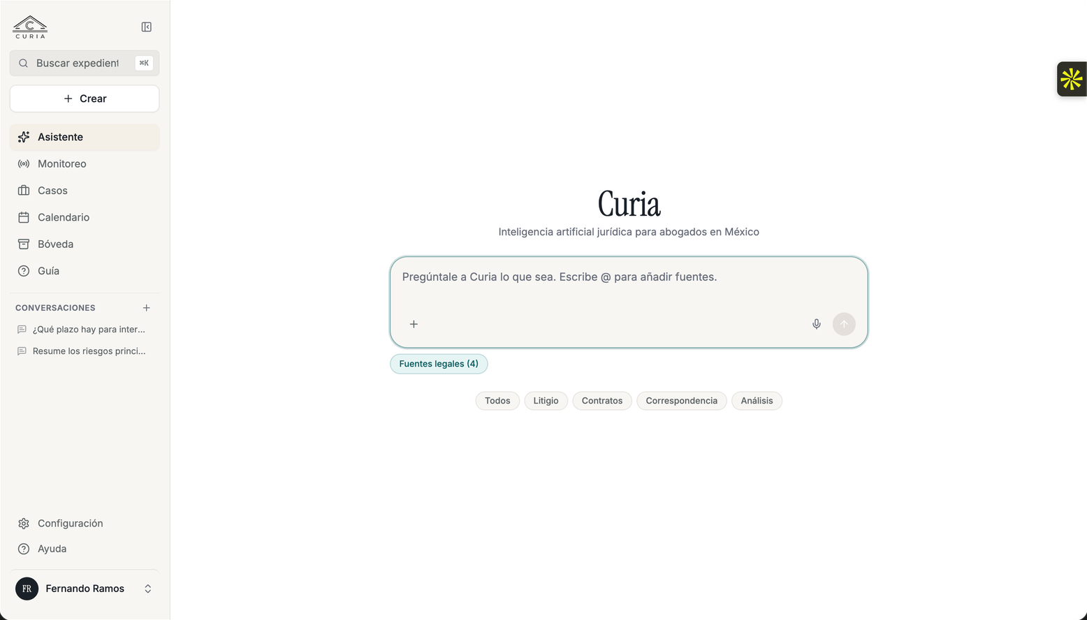 Curia assistant home with a question box and a Legal sources filter