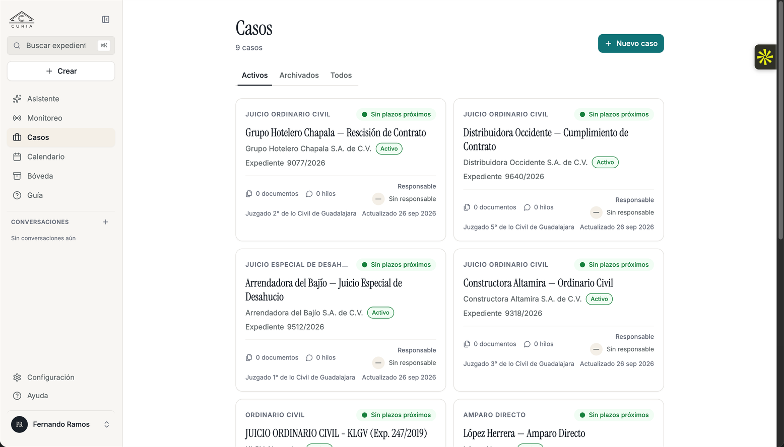 Curia cases view with active cases as cards showing court, file number and deadlines